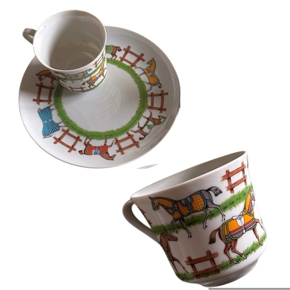 Sigma Paddock Taste Seller 602 Colorful Horse-Themed Cups & Saucers Set of 3 - Picture 1 of 13